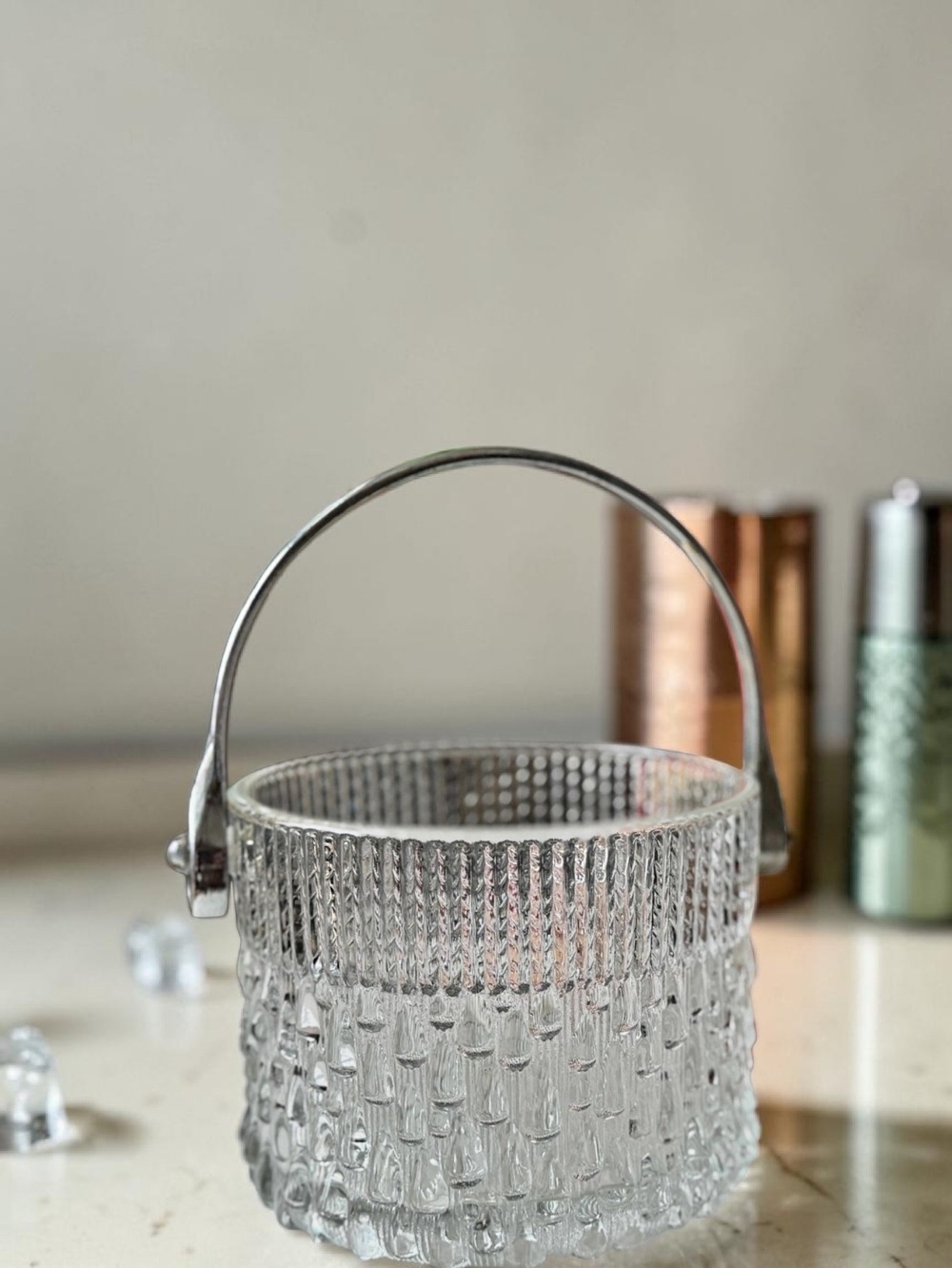 Mid Century French Teleflora Textured Raindrop Crystal Mini Ice Bucket 5"Wx4"H